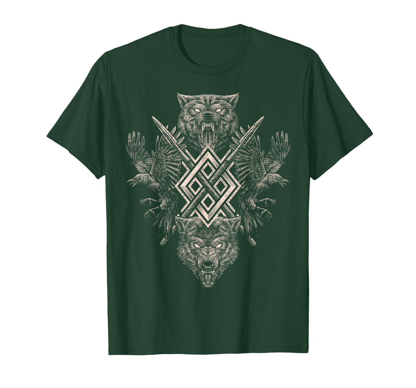 Norse Viking Wolf Raven of Odin with Pagan Gungnir Symbol T-Shirt