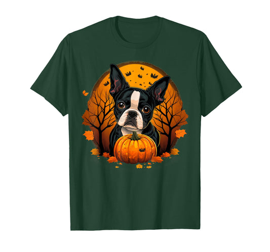 Pumpkin Boston Terrier Costume on Boston Terrier Halloween T-Shirt