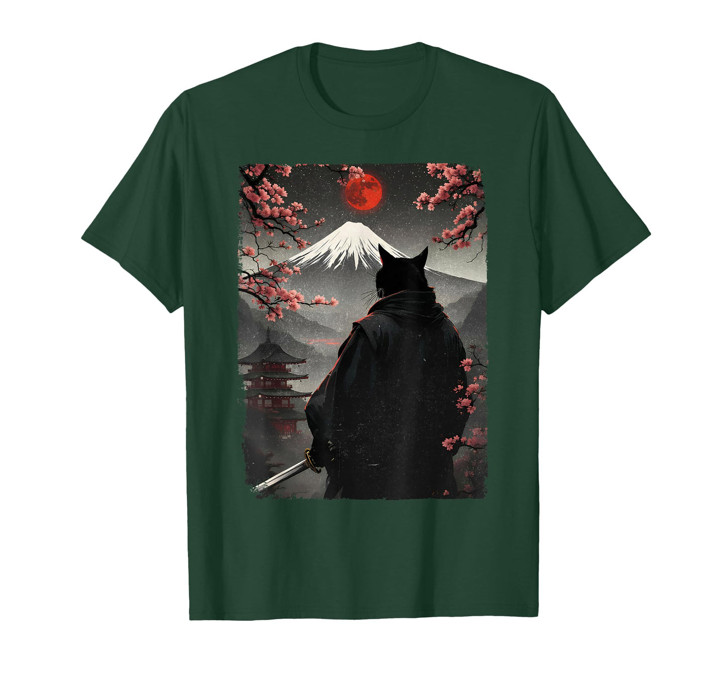 Samurai Cat Warrior Blood Moon Fuji Mount Japanese Graphic T-Shirt