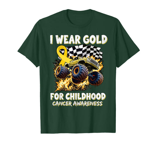 I Wear Gold For Childhood Cancer Awareness Monster Truck Kid T-Shirt