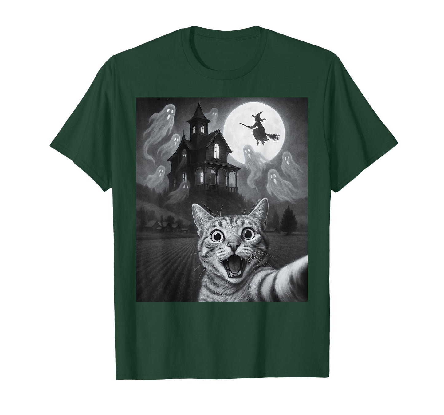 Halloween Cat Selfie With Scary House For Men Women Kids T-Shirt