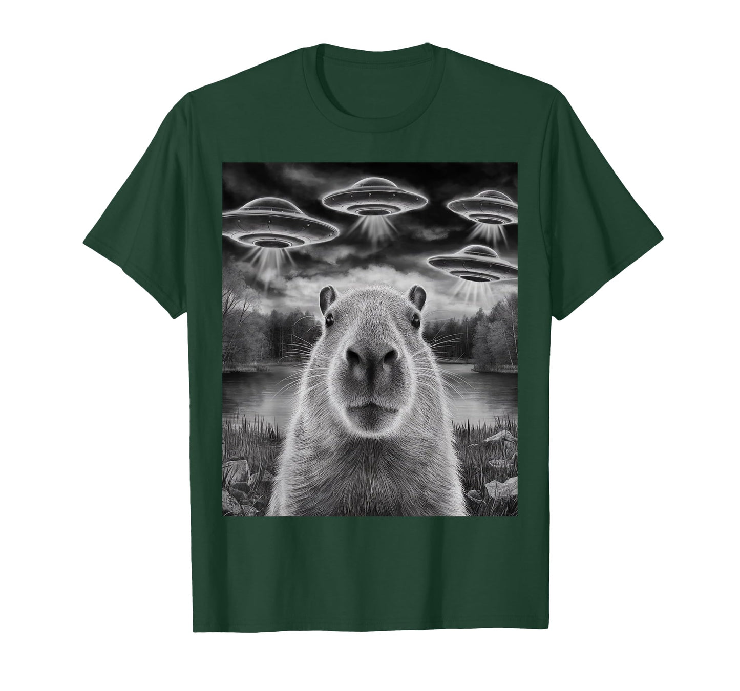 Funny Capybara Selfie with UFOs Weird Design Women Men T-Shirt