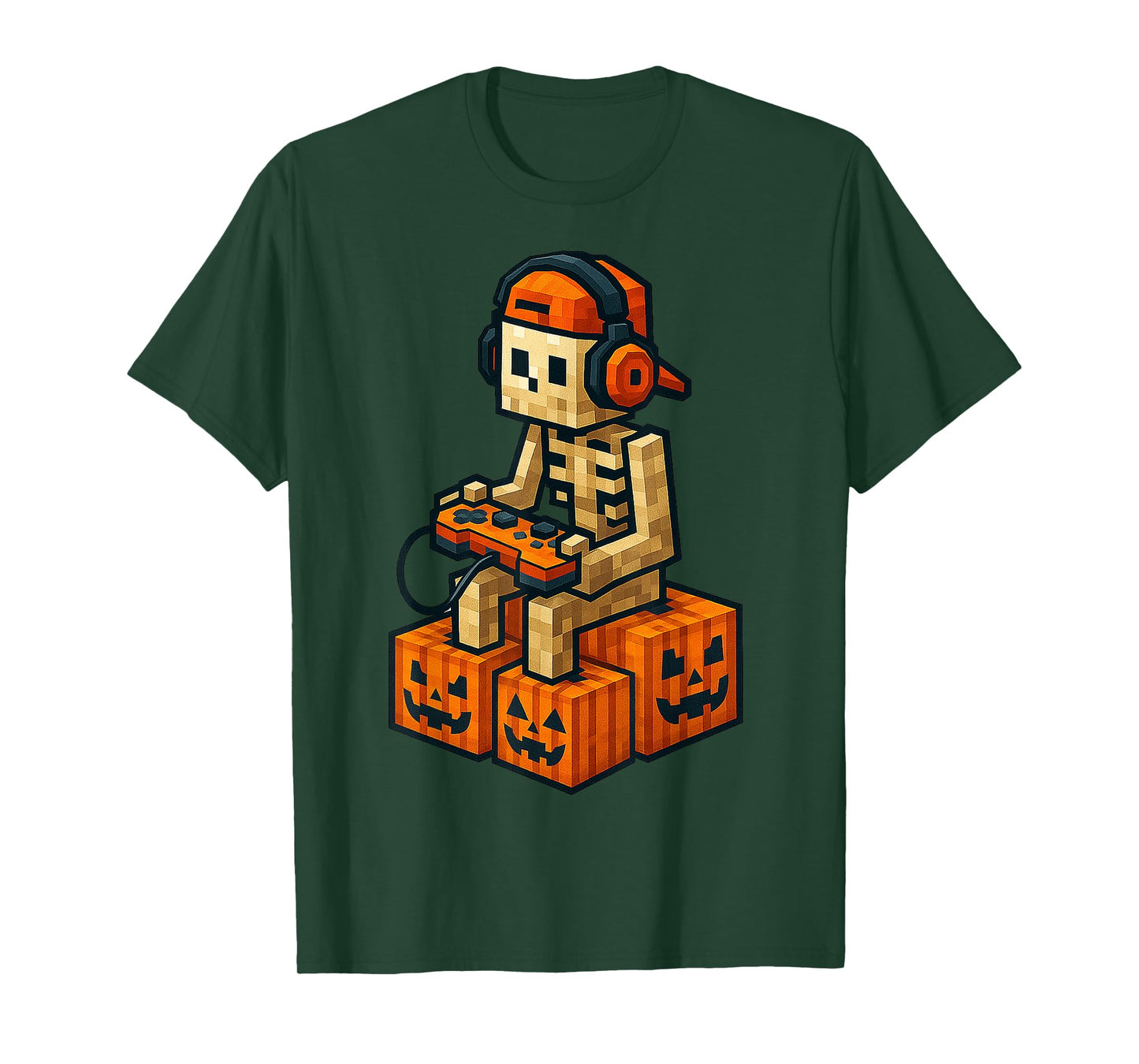 Spooky Skeleton Pumpkin Halloween Video Game Pixel Kids Boy T-Shirt