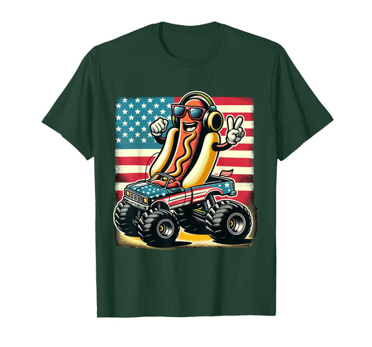 Monster Truck 4th Of July Hotdog Peace Sign American Flag T-Shirt