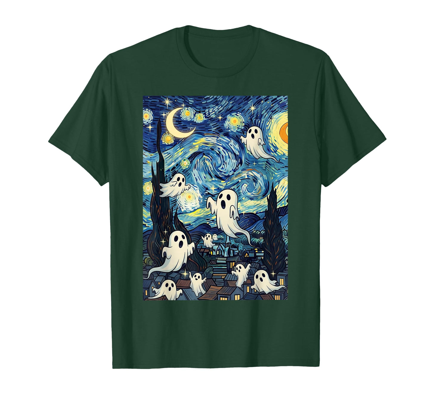 Spooky Ghosts in Starry Night Art Van Gogh Halloween Fun T-Shirt