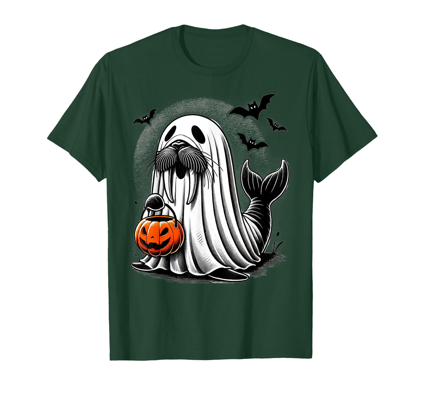 Funny Halloween Seal Ghost Costume Walrus Holding Pumpkin T-Shirt