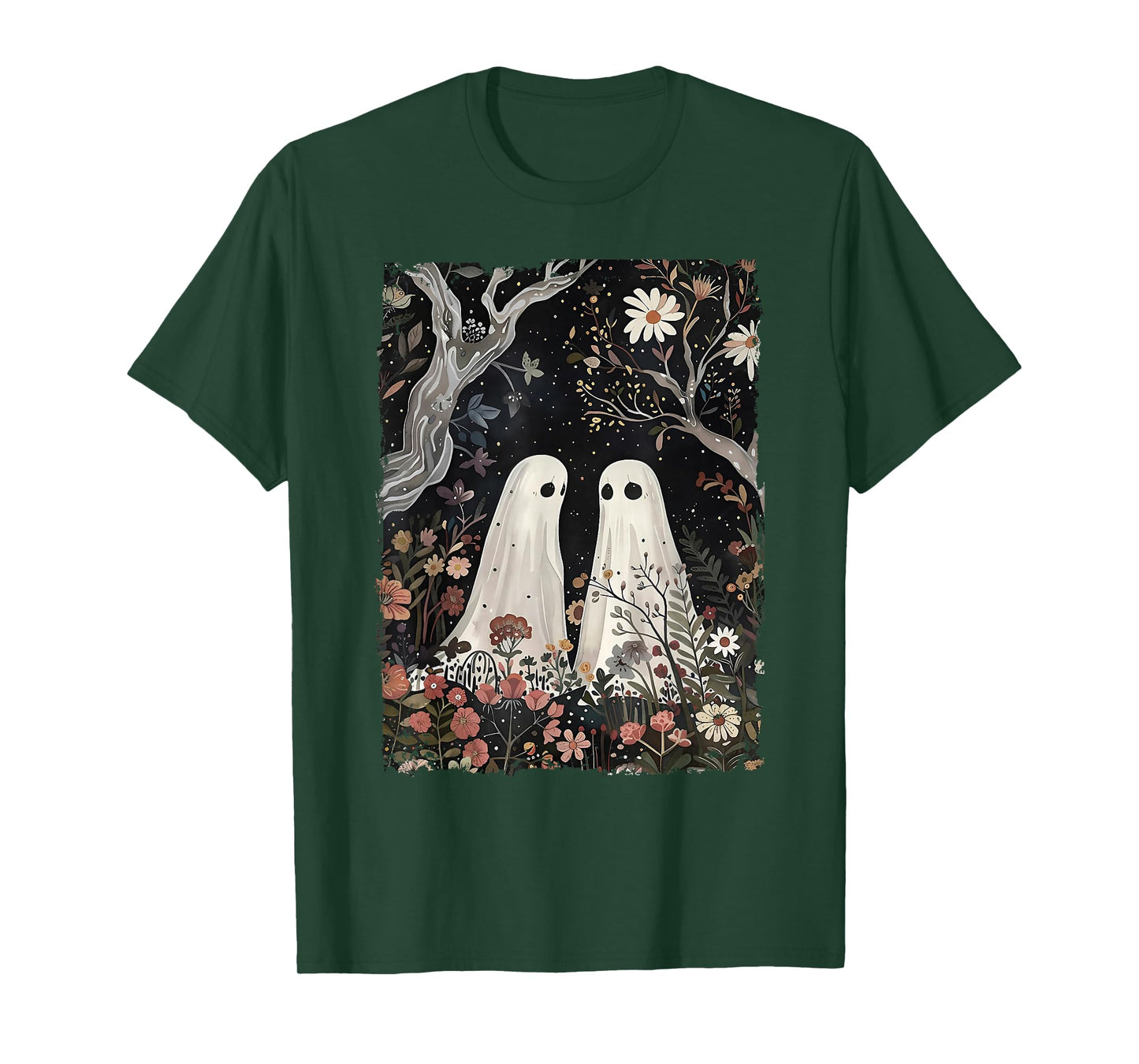 Ghost In The Flower Forest Halloween Spooky Season Vintage T-Shirt
