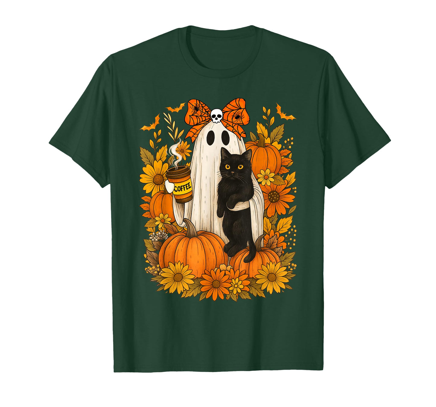 Vintage Halloween Ghost Holding Black Cat Groovy Floral T-Shirt