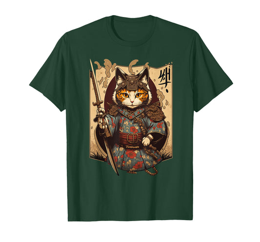 Retro Japanese Samurai Ninja Cat Kawaii Tattoo Graphic Style T-Shirt