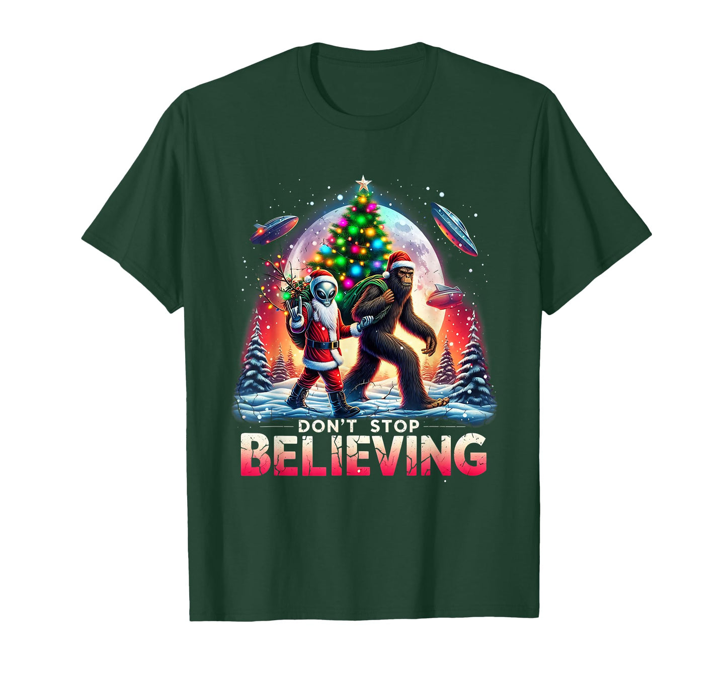 Believe Funny Alien and Santa Christmas Design T-Shirt