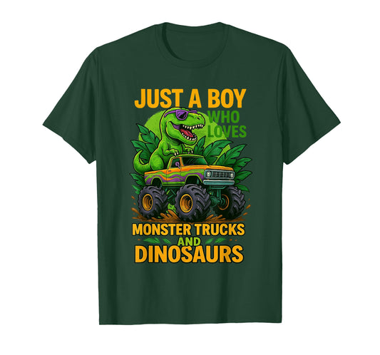 Just A Boy Who Loves Monster Trucks and Dinosaurs Cute T-Rex T-Shirt