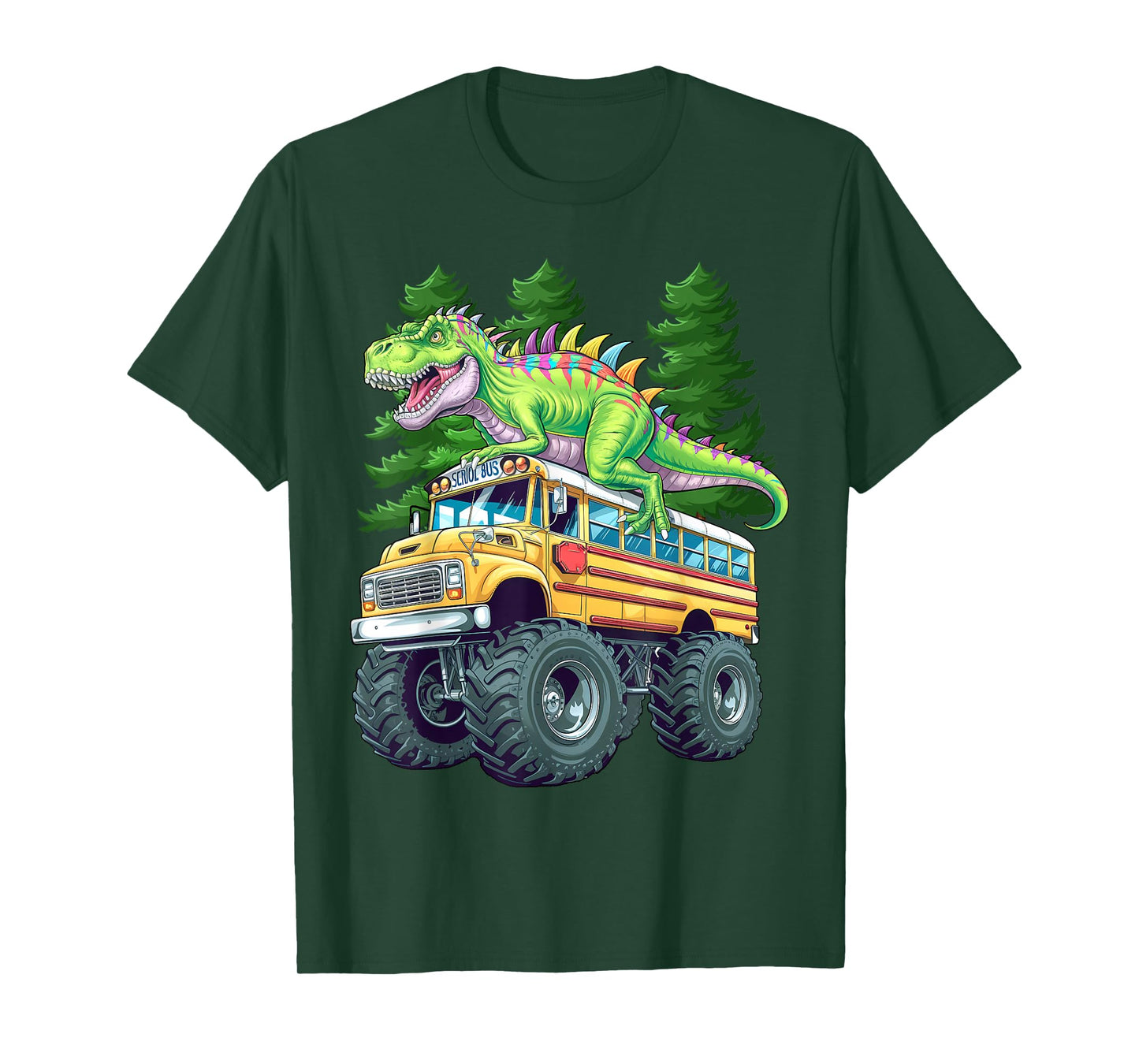 Dinosaur T-rex On Monster Truck School Bus Driver Graphic T-Shirt