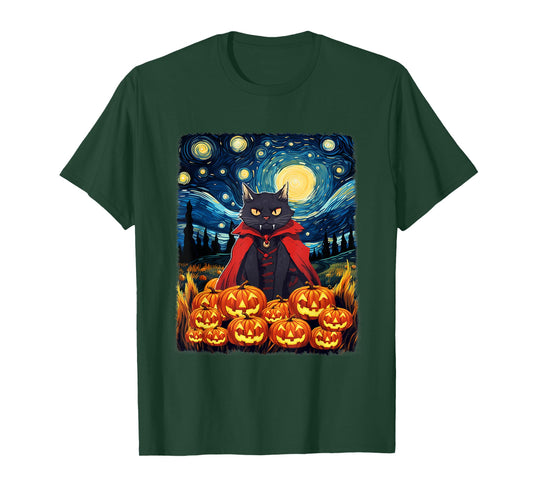 Dracula Cat Starry Night Van Gogh Retro Halloween Cat T-Shirt