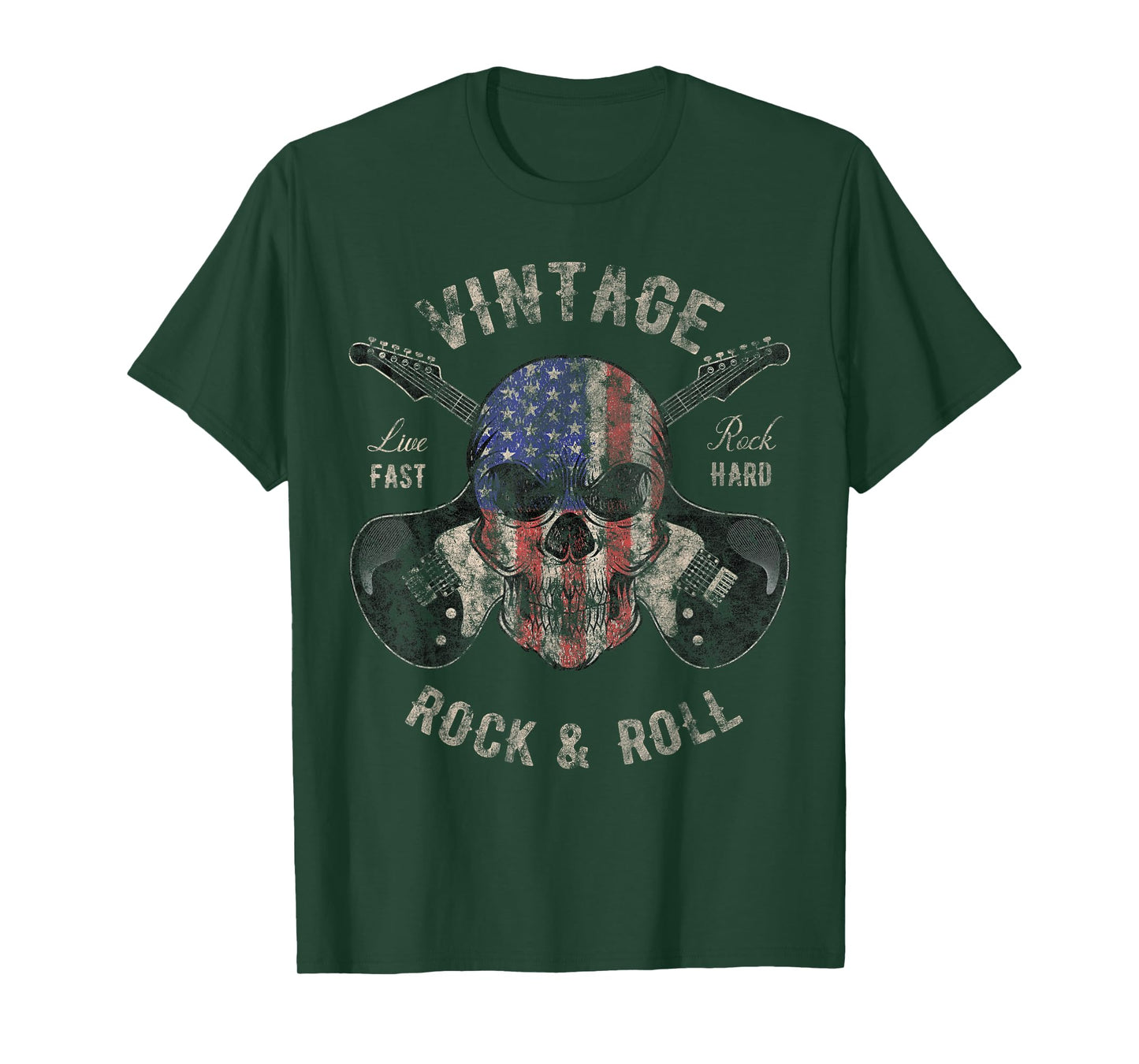 American Flag Guitar Vintage Rock and Roll Skull Guitarist T-Shirt
