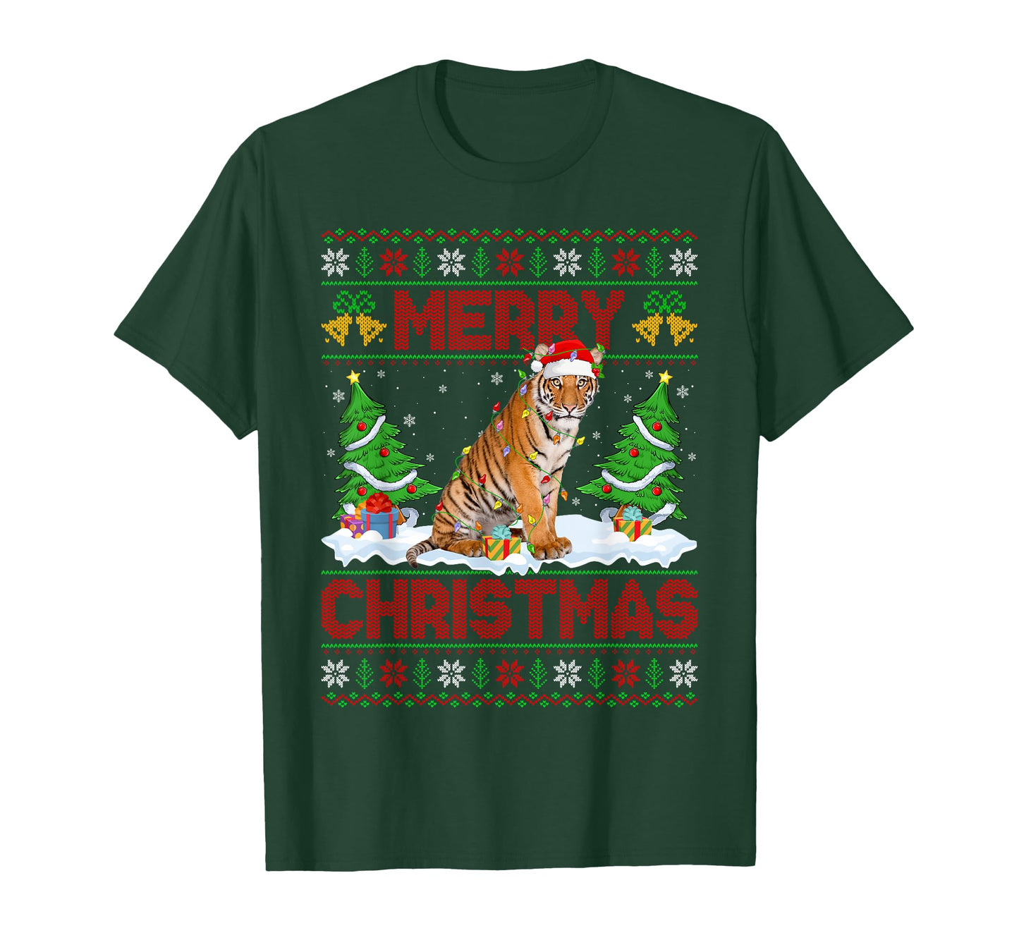 Tiger Ugly Xmas Sweater Funny Animal Lights Christmas T-Shirt