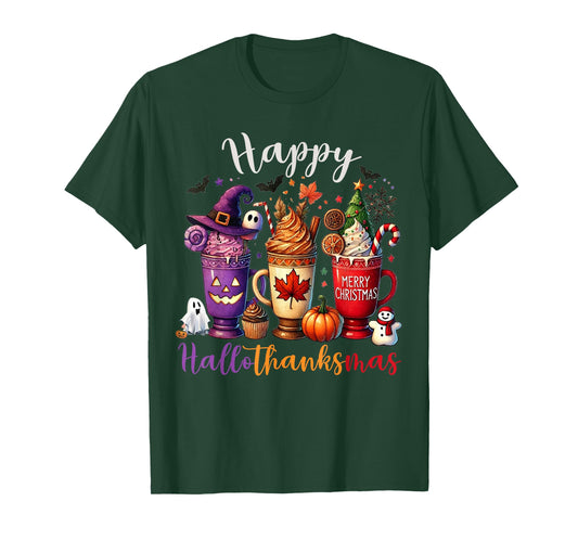 Happy Hallothanksmas Coffee Lover Halloween Merry Christmas T-Shirt