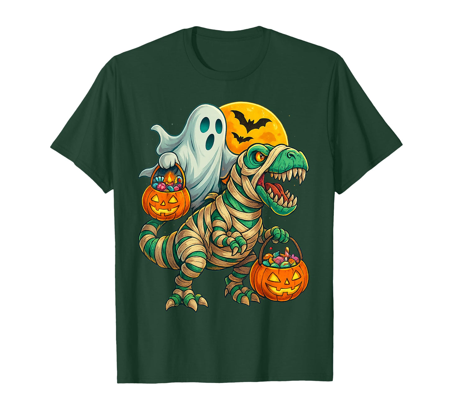 Ghost Riding Mummy Dinosaur T rex Halloween Funny Pumpkin T-Shirt