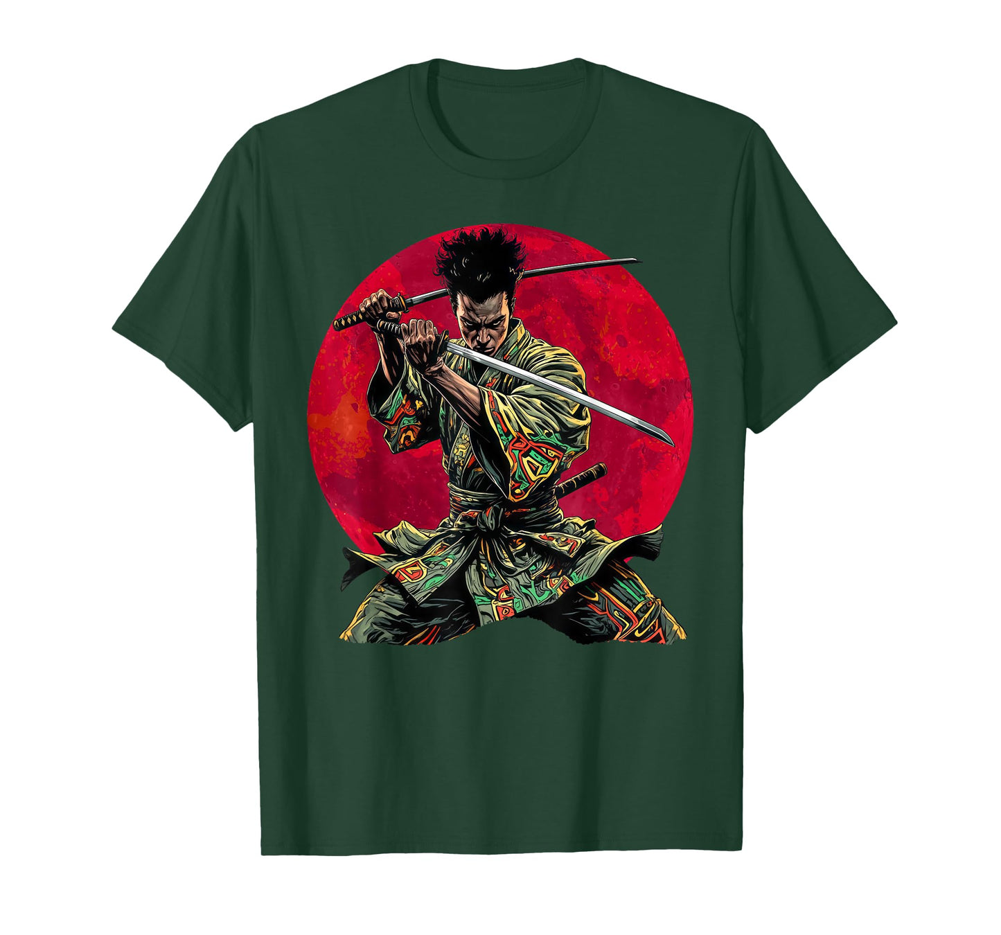 Afro American Samurai Warrior Katana Anime red moon T-Shirt