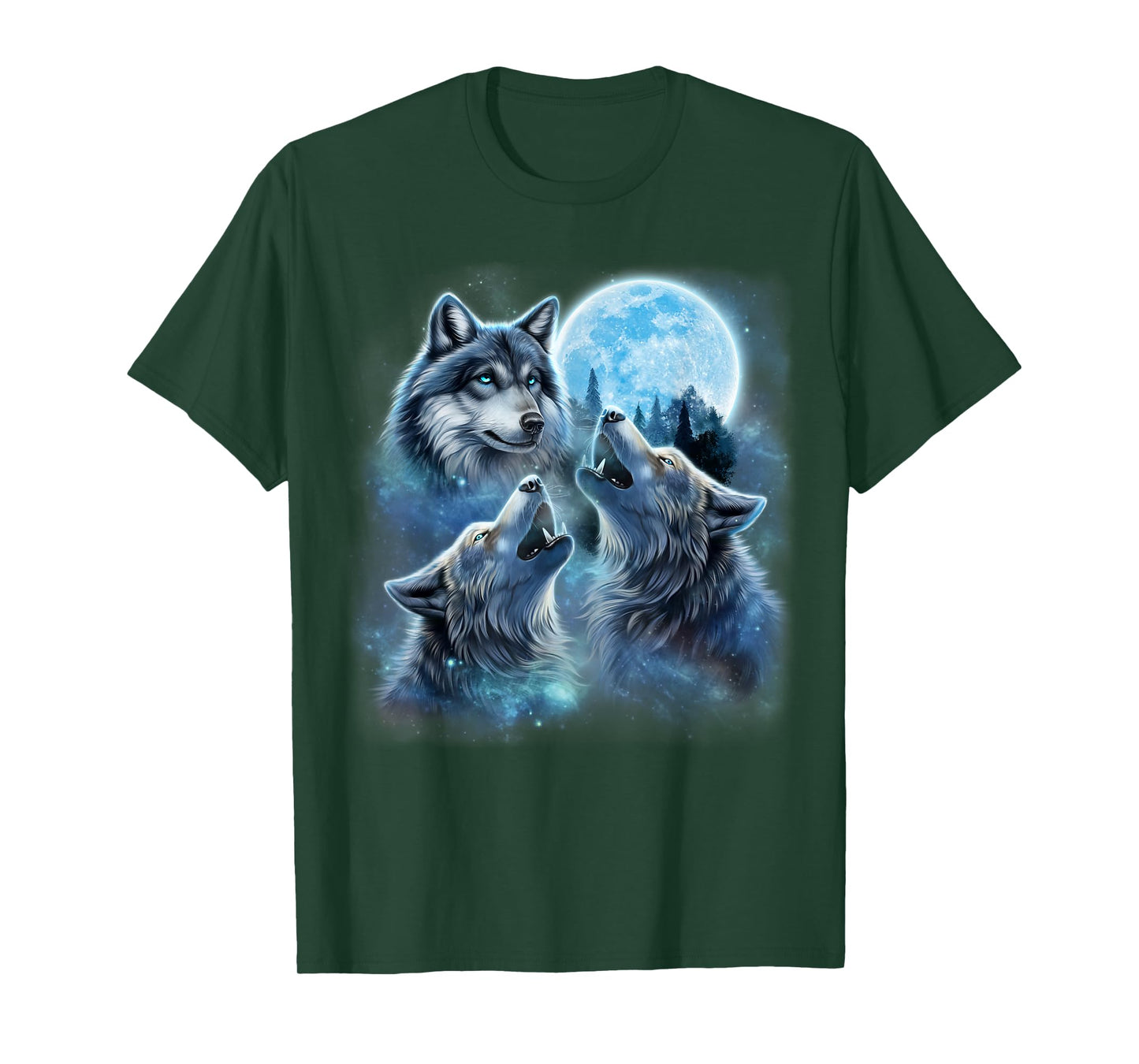 Three Majestic Wolf Engulfed in Galaxy Clouds Under Icy Moon T-Shirt