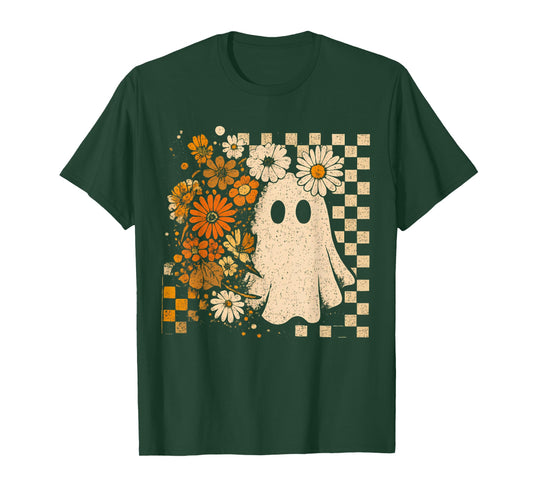 Retro Floral Ghost Checkered Autumn Halloween Women Kids T-Shirt
