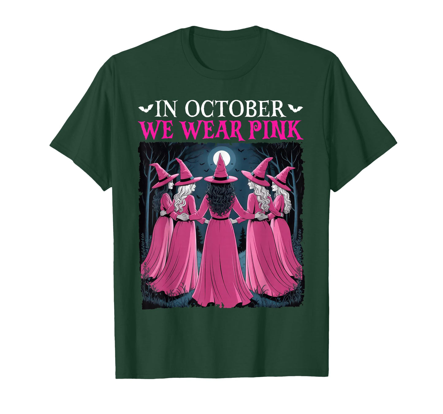 in October We Wear Pink Witch Halloween Breast Cancer Women T-Shirt