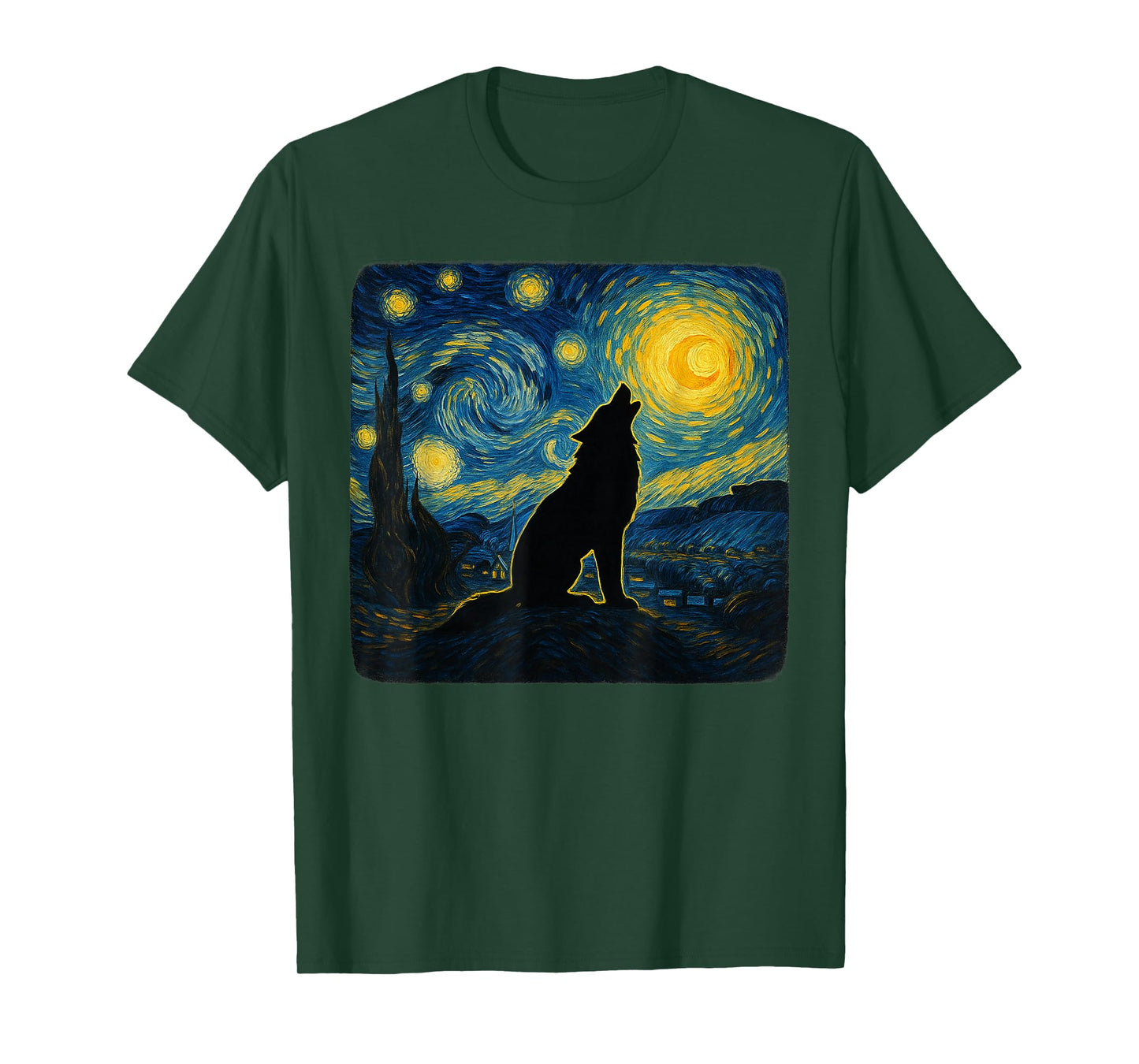 Starry Night Van Gogh Wolf Howling Moon Funny Graphic T-Shirt