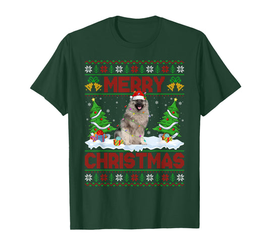Keeshond Dog Christmas Ugly Sweater Funny Santa Hat Dog Xmas T-Shirt