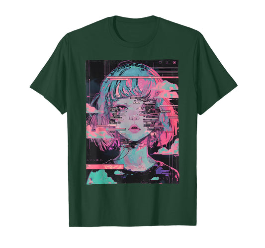 Anime Girl Vaporwave Glitch Cyber Goth E-Girl Distressed T-Shirt