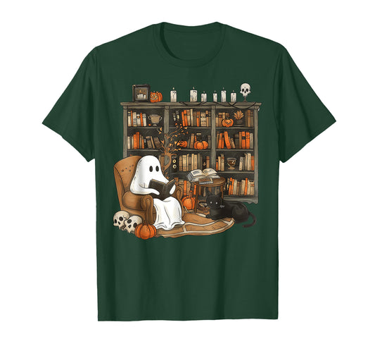 Retro Ghost Reading Books cat, Librarian Ghost Halloween T-Shirt