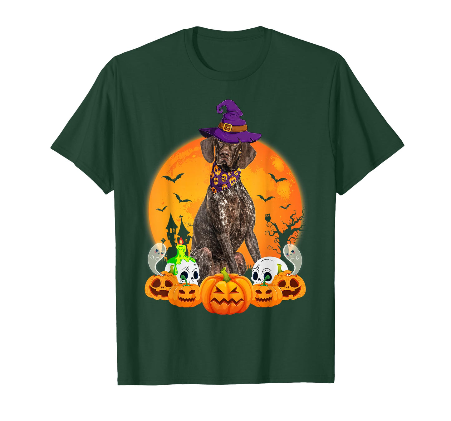 Pumpkin Skull Witch German Shorthaired Pointer Dog Halloween T-Shirt