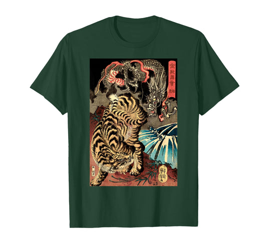 Retro Vintage Dragon Fighting The Giant Tiger Japanese T-Shirt Small