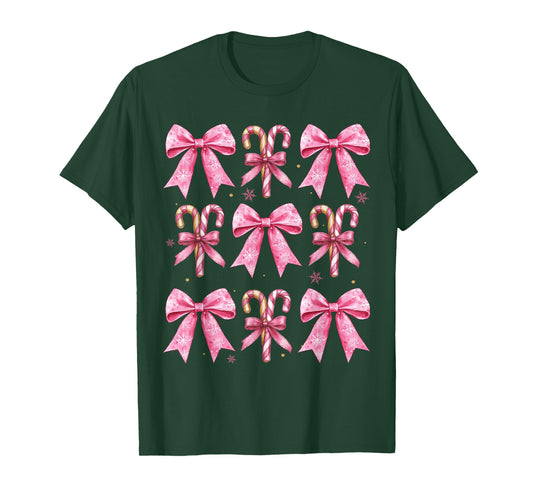 Cute Coquette Bow Candy Canes Christmas Pink Bow Girls Teens T-Shirt