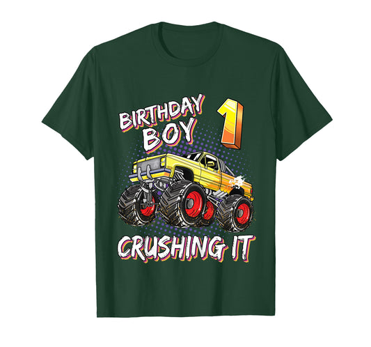 Kids 1 Year Old Birthday Boy Shirt Monster Truck 1st Birthday T-Shirt
