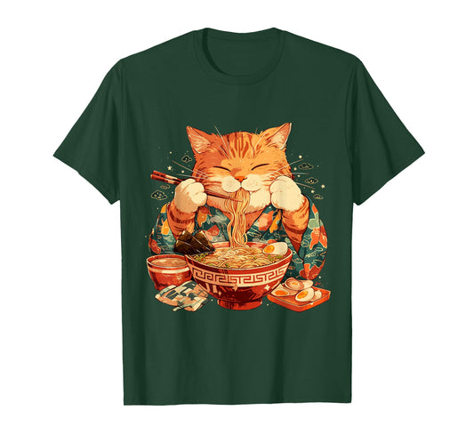 Japanese Art Ramen Cat Ninja Ukiyo-e Anime Style Samurai Cat T-Shirt
