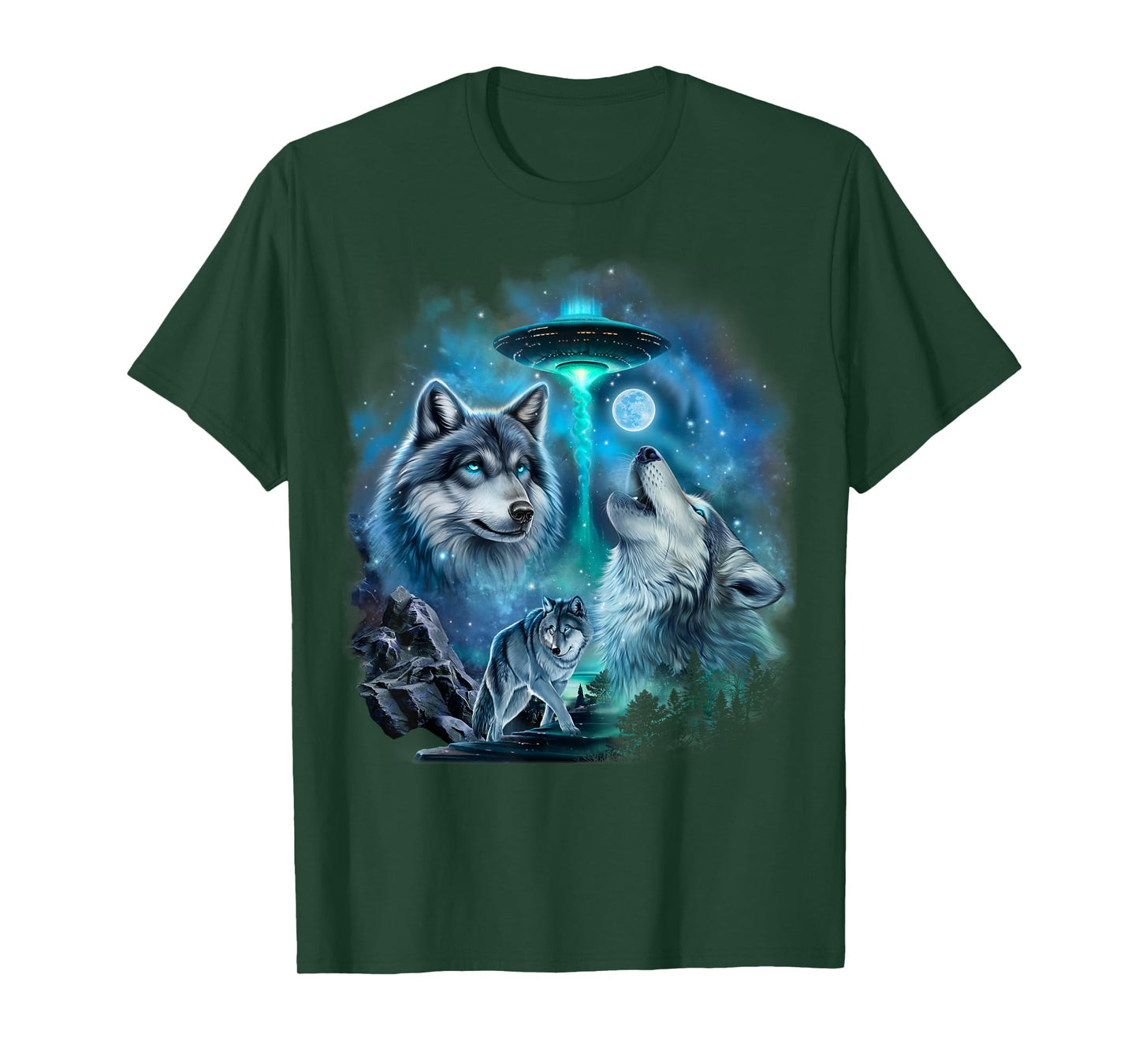 Alien Wolf Howling Moon UFO Galaxy Forest Night Art T-Shirt
