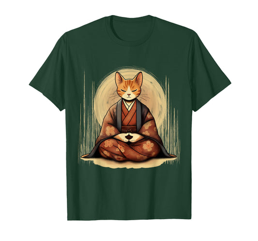 Meditating Samurai Cat in Kimono Men Women Kids T-Shirt