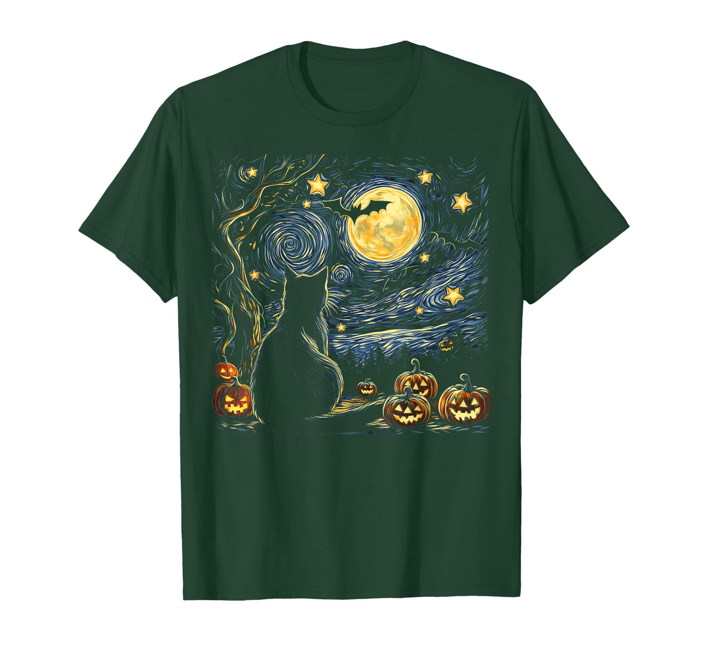 Halloween Van Gogh Starry Night Painting Black Cat Kitten T-Shirt