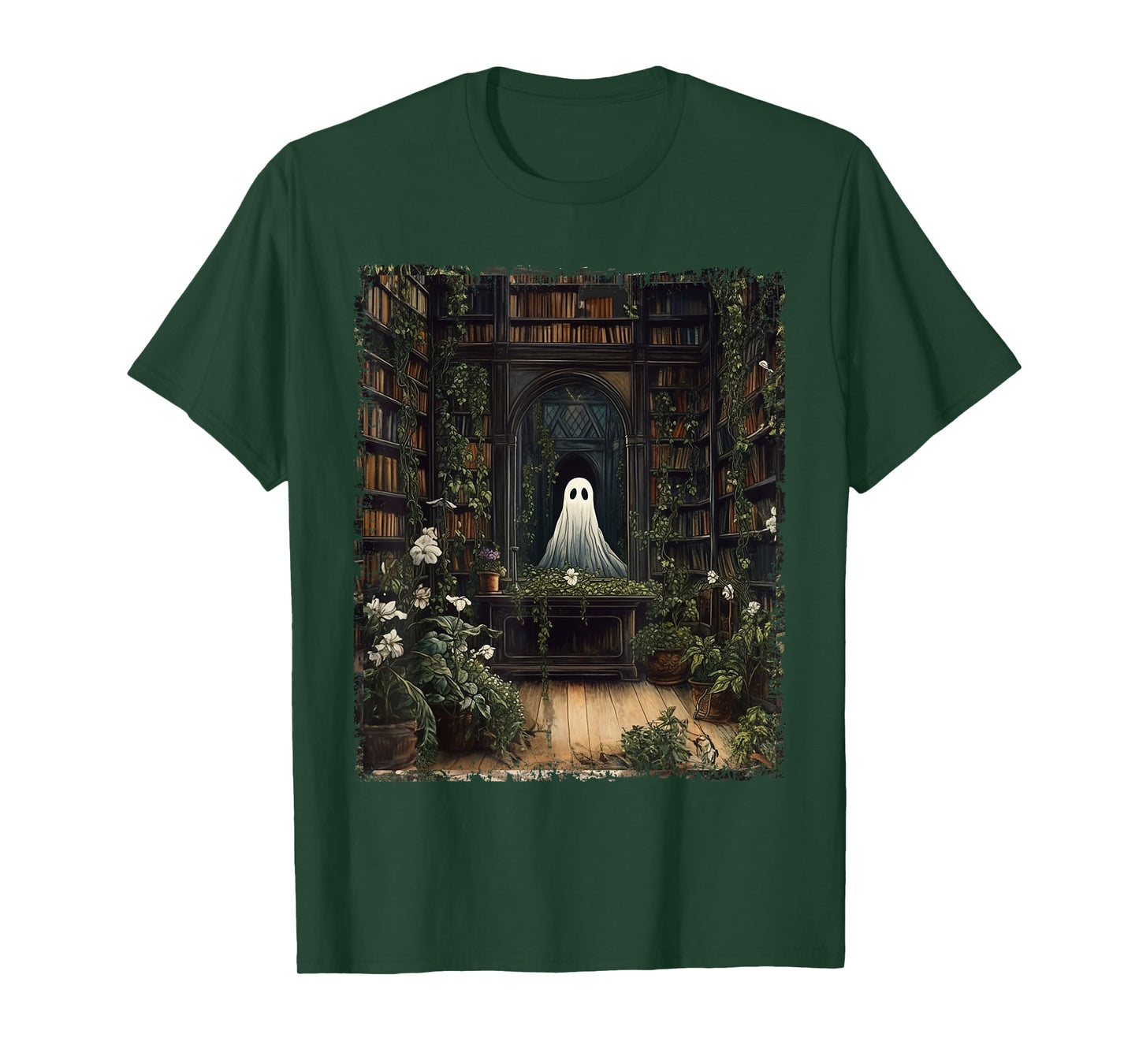 Vintage Halloween Spooky Ghost In The Library Gothic T-Shirt