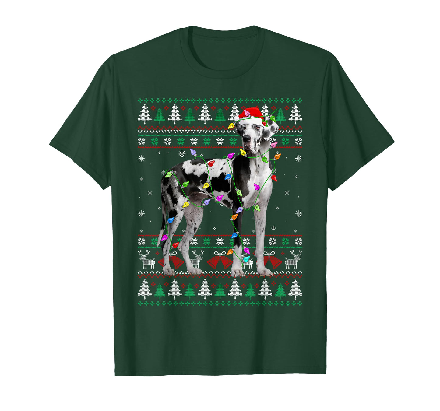 Great Dane Harlequin Dog Christmas Ugly Sweater Lights Xmas T-Shirt