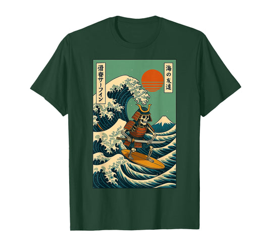 Skeleton Samurai Surfing Japanese Wave T-Shirt