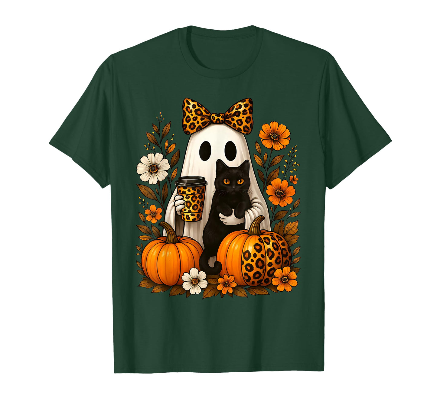 Ghost Holding a Cat & Coffee Leopard Print Autumn Halloween T-Shirt