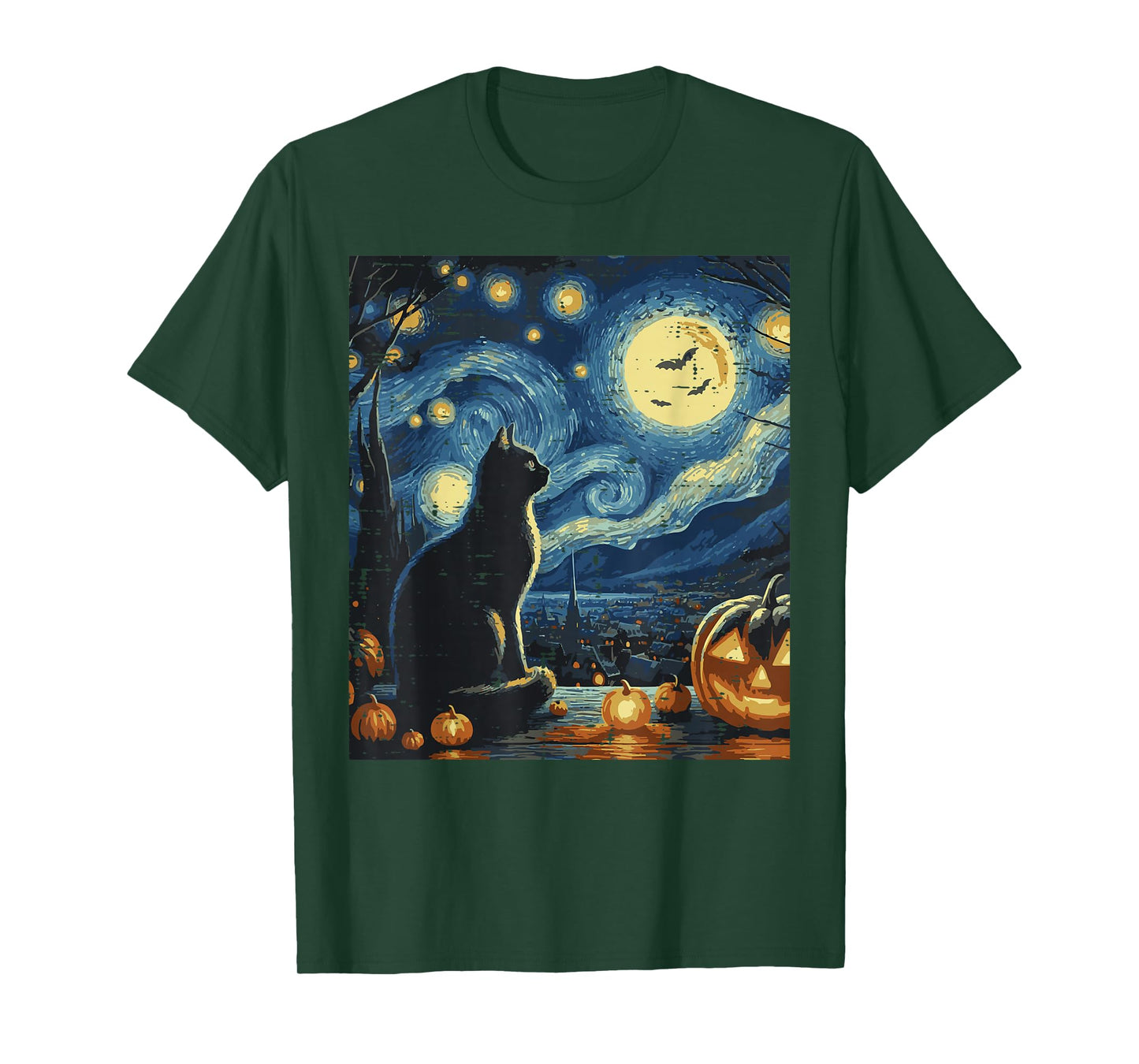 Halloween Cat Starry Night Funny Costume Art Women Men Kids T-Shirt