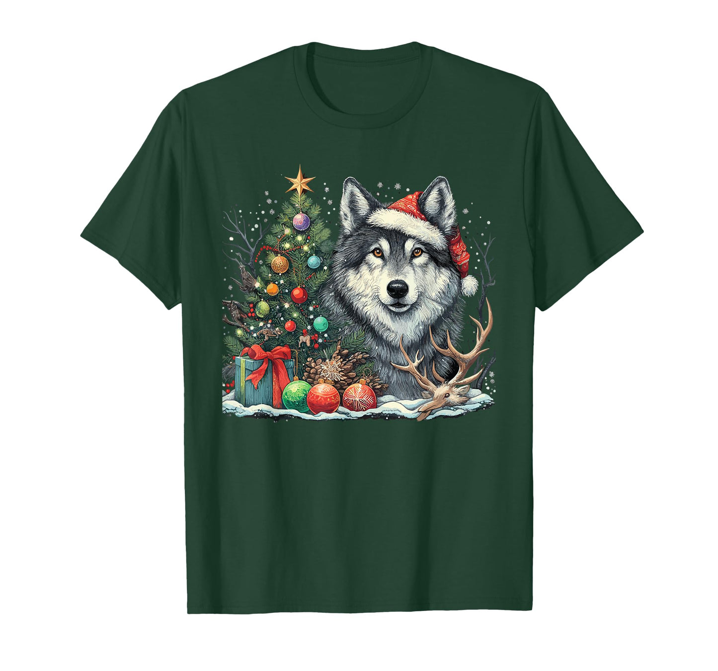 Cute Wolf With Christmas tree Wearing Santa Hat T-Shirt