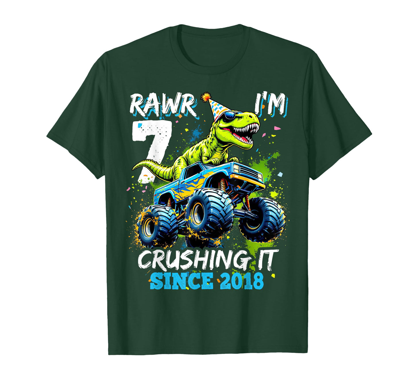 7th Birthday Monster Truck Dinosaur Party Boys Rawr I'm 7 T-Shirt