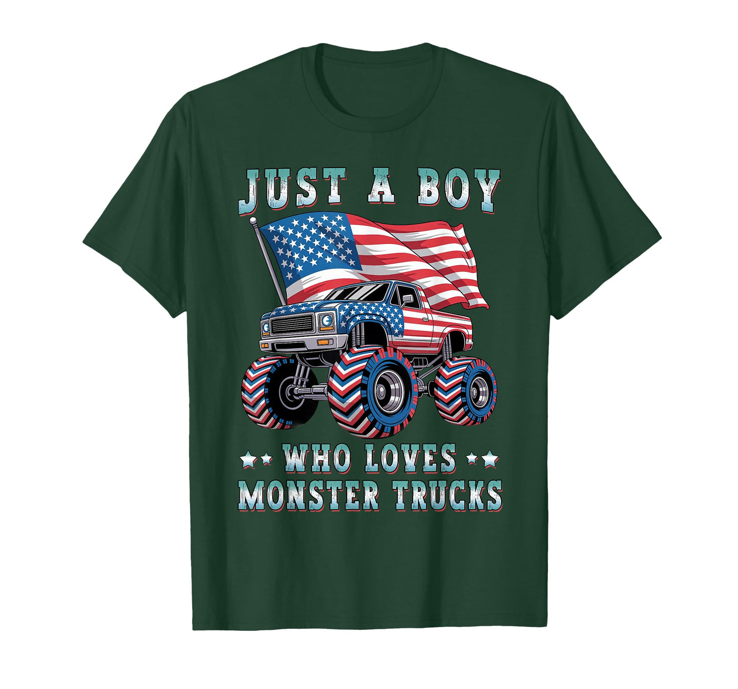 Just A Boy Who Loves Monster Trucks American Flag Kids Boys T-Shirt
