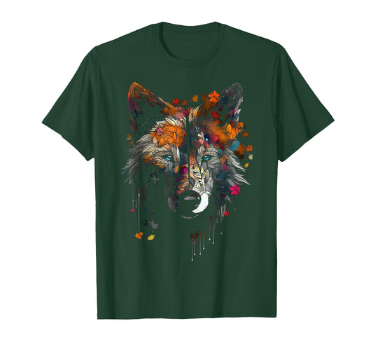 Wolf Autumn Leaves - Blue Eyes - Animal Art Motif Wolf T-Shirt
