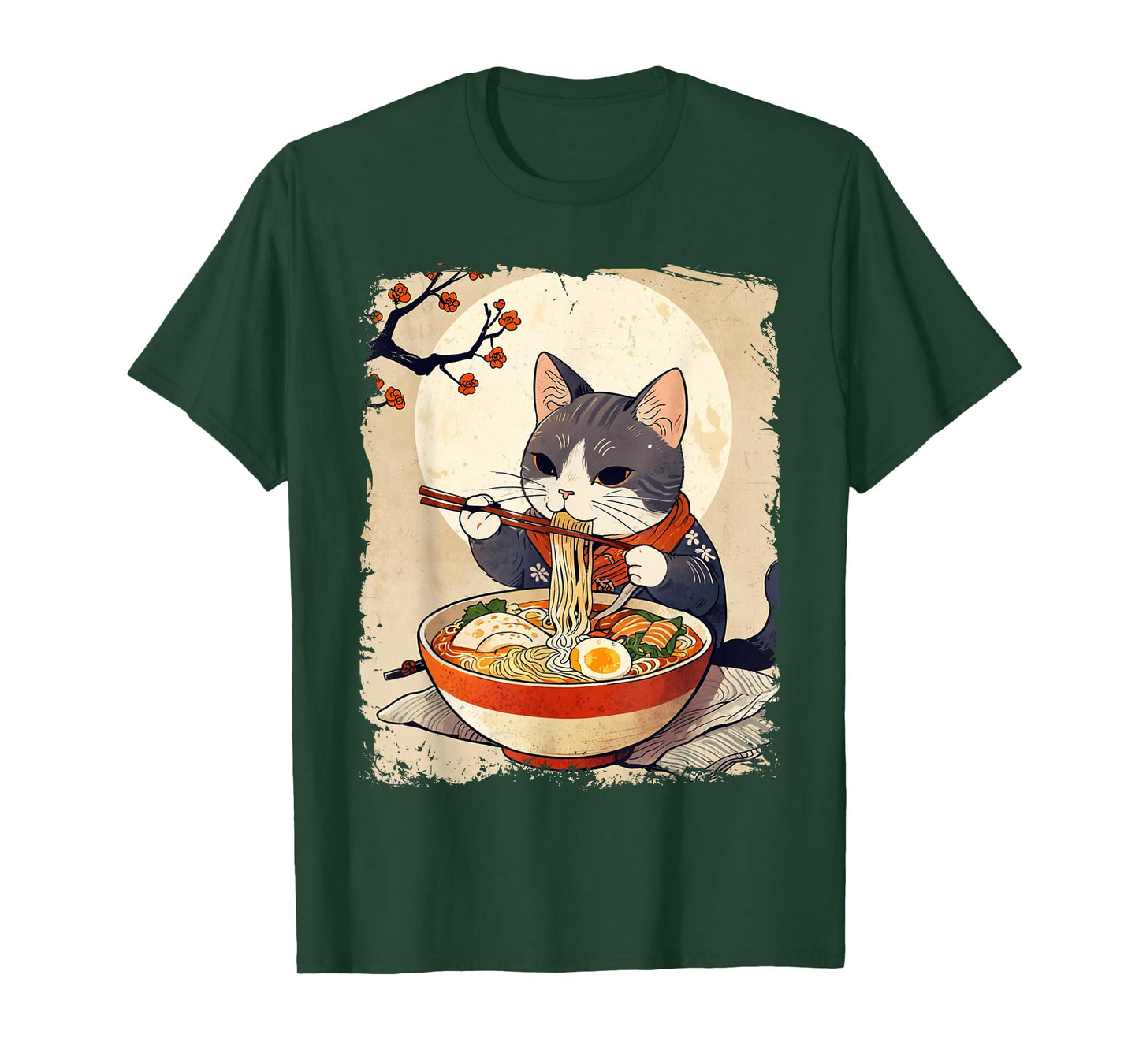 Kawaii Cat Eating Ramen Japanese Anime Ukiyo-e Funny Graphic T-Shirt