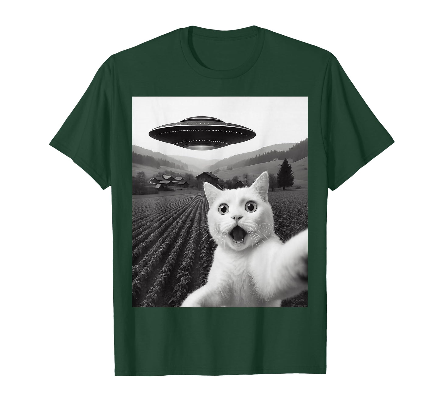 White Cat Selfie with Alien UFO Funny Kitty Abduction Tee T-Shirt