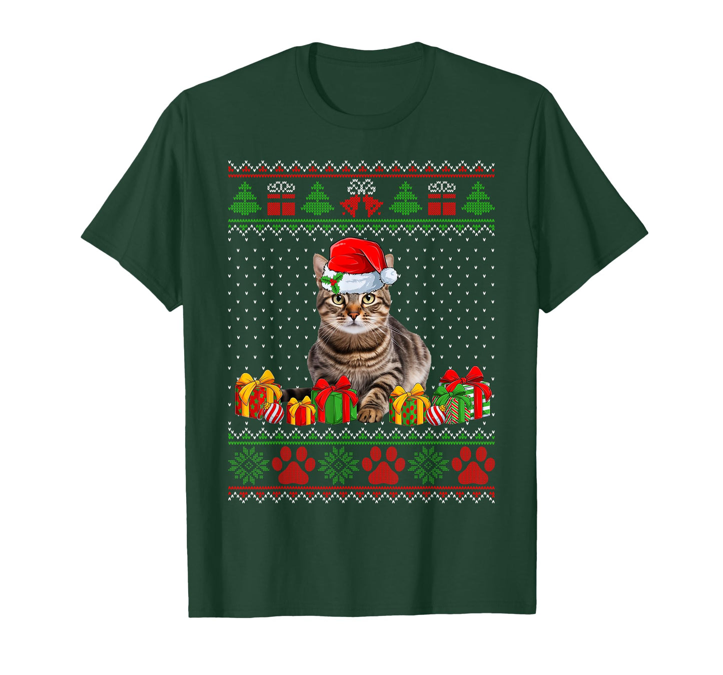 Funny Tabby Cat Santa Hat Ugly Christmas Sweater Xmas PJS T-Shirt for Men Women Kids