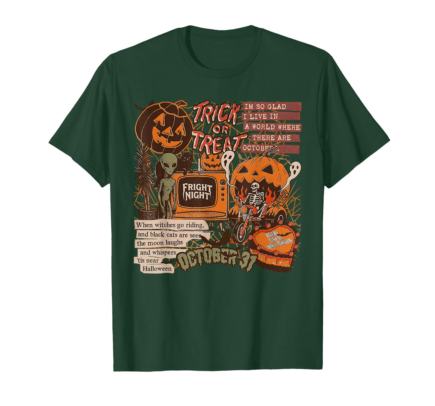 Fright Night Halloween Skeletons Aliens Pumpkins Black Cats T-Shirt